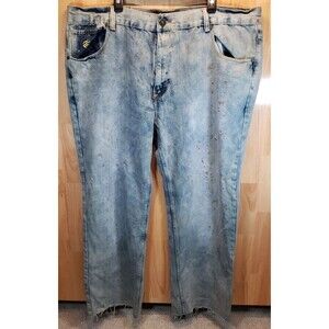 Rocawear Mens Classic Fit Paint Splatter Jeans Light Wash Blue 46x31 Raw Hem